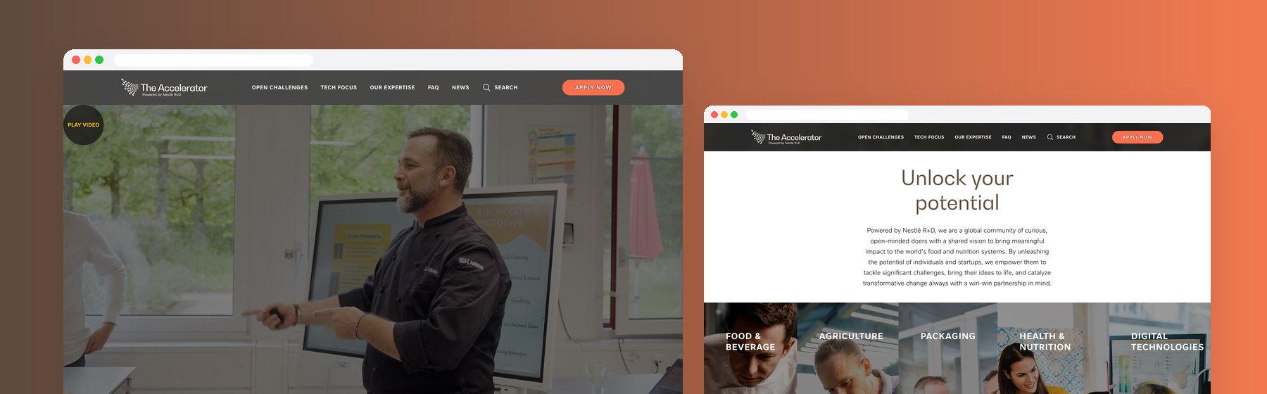 The Nestlé R+D Accelerator website with its Food and Beverage, Agriculture, Packaging, Health and Nutrition and Digital Technologies areas
